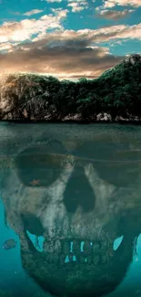 Island with skull reflection in ocean water, creating a mysterious illusion.