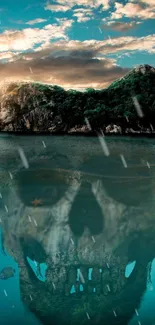 Mysterious island with skull reflection in ocean waters.