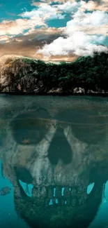 Island with skull reflection in ocean waters under a dramatic sky.