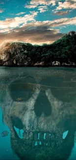 Island wallpaper with hidden skull reflection in water.