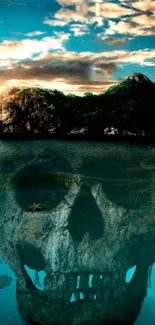 Mysterious island with a hidden skull underwater.