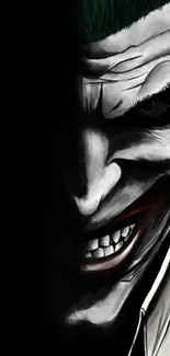 Mysterious Joker face art with dark theme.