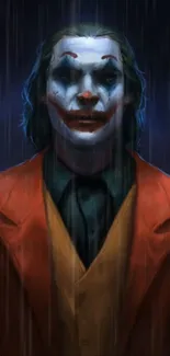 Joker stands in the rain with a mysterious expression, surrounded by dark colors.