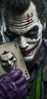 Joker holds card with a classic dark theme for wallpaper.