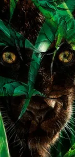 Dark panther in green jungle foliage mobile wallpaper.