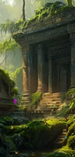 Moss-covered ancient temple in a jungle setting with sunlight.