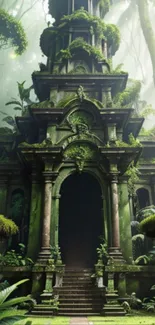 Mysterious jungle temple surrounded by lush greenery and ancient architecture.