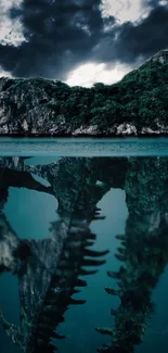 Dramatic island with teal water and an eerie skeletal reflection beneath.