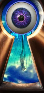 Artistic wallpaper with an eye through a keyhole.
