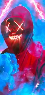 Mysterious figure wearing LED mask in vibrant neon colors with smoke.