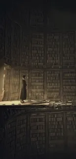 Mysterious library with bookshelves and a solitary figure.