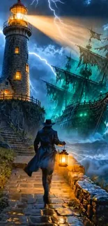 Mysterious lighthouse guiding ghost ship through stormy night.