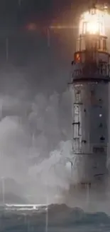 Lighthouse with dramatic stormy backdrop.