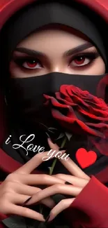 Mysterious veiled woman with red rose and love theme.