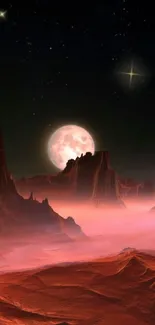 Mysterious red desert scene with moon and stars.