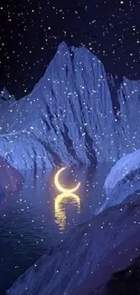 Mysterious crescent moon reflecting in a mystical mountain scenery.