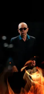 Mysterious bald man in dark suit and sunglasses on wallpaper.