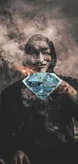 Mysterious figure in mask holding a blue diamond amid smoky background.