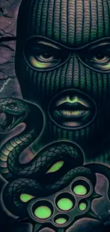 Dark themed artwork with masked figure and snake illustration.