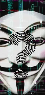 Digital mask with cyber patterns and question mark.