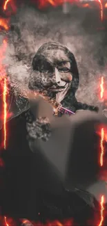 Mysterious mask surrounded by flames and smoke on mobile wallpaper.