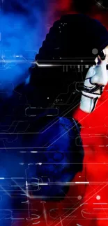 Mystery hacker mask wallpaper with vibrant red and blue hues.