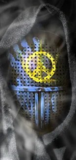 Dark hooded figure with a mask, featuring a yellow peace symbol.