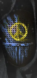 Mask with yellow peace sign on a dark cosmic background.