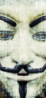 Guy Fawkes mask with digital code overlay on mobile wallpaper.