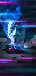 Mysterious mask with blue smoke and roses on dark background