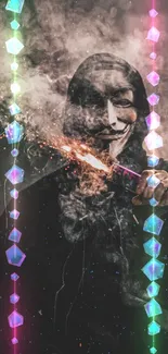 Mysterious mask with neon smoke effect, vibrant mobile wallpaper.