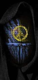 Mysterious mask with yellow peace symbol on dark background.