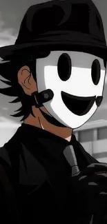 Anime character in black suit with a smiling white mask on city rooftop.