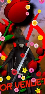 Masked figure with roses and sword art phone wallpaper.