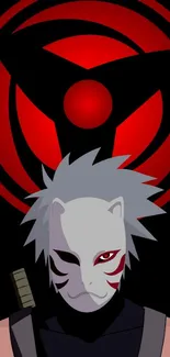 Anime character with mask and red symbol on black background.