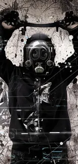 Abstract art with a gas mask figure, black and white.