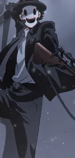 Anime-style artwork of a masked figure in a suit holding a rifle.