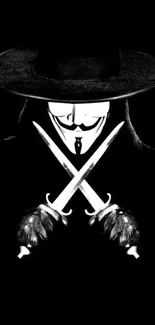 Mysterious masked figure with crossed swords on a black background mobile wallpaper.