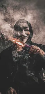 Masked figure surrounded by smoke ignites a flare, creating an enigmatic scene.