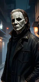 Masked figure standing in a dark urban alley, wearing a leather jacket.