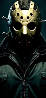 Mysterious figure with iconic mask in dark ambiance.