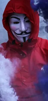 Masked figure in red hoodie with swirling smoke.