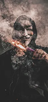 Mysterious masked figure surrounded by smoke with a lit sparkler.