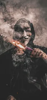 Masked figure with smoke in dark-themed wallpaper.