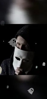 Mysterious masked figure with ghosts on a dark background.