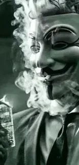 Masked figure with smoke and currency in grayscale wallpaper.