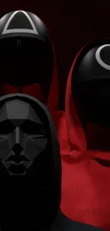 Dark hooded figures with geometric masks in striking red and black tones.