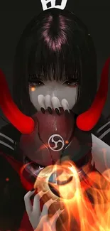 Anime girl with a red demon mask and flames background.