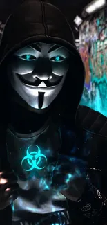 Mysterious masked hacker with glowing cyan light in a graffiti-filled setting.