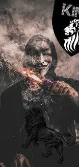 Masked figure with smoke and lion emblem on dark wallpaper.